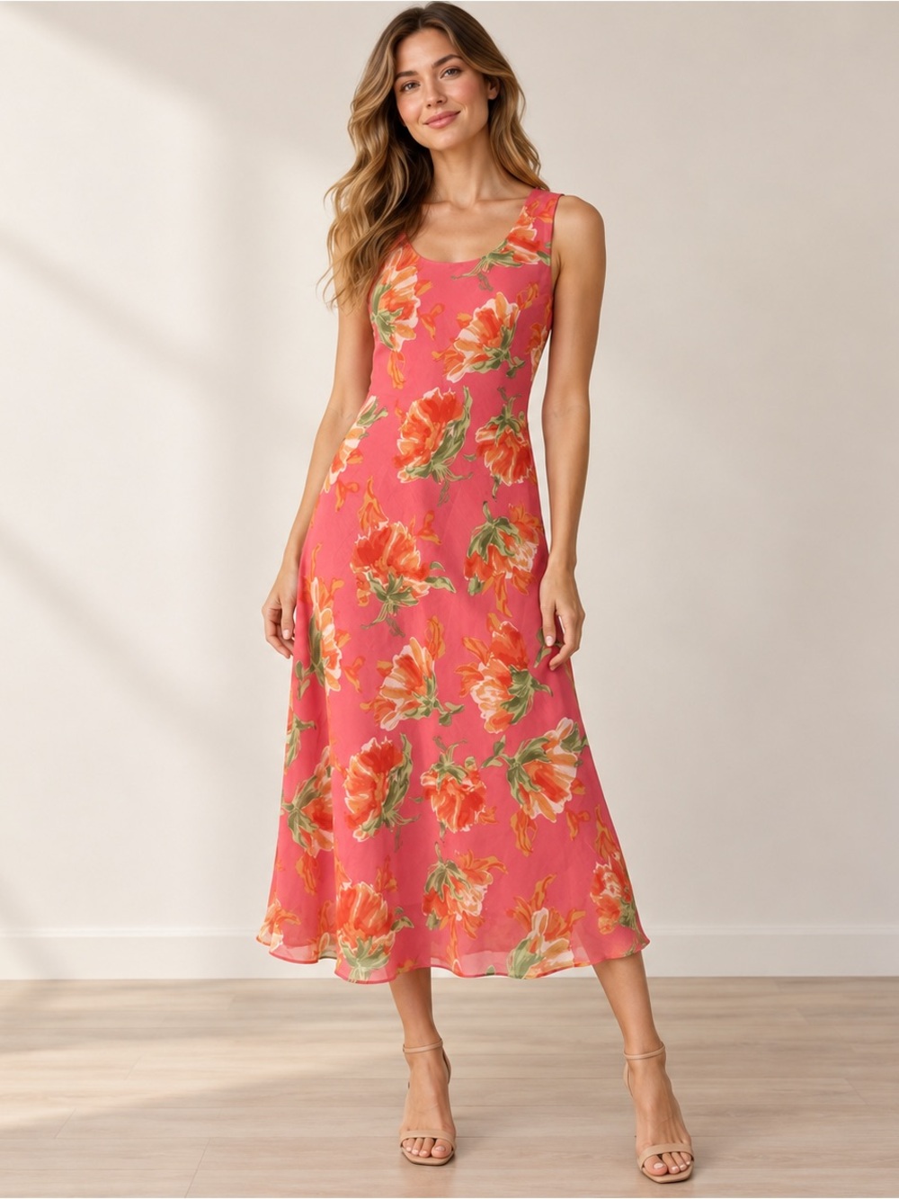 Studio I Pink Floral Chiffon Midi Dress Size 12 Sleeveless Lined Y2K